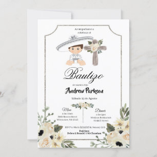Invitation Bautizo Boy Charro en argent blanc mexi