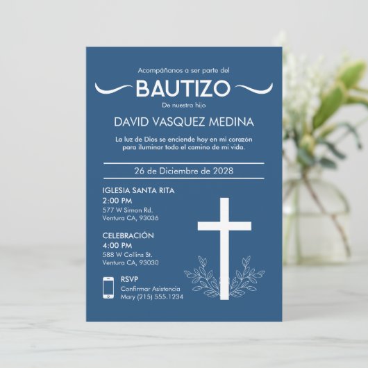 Invitation Bautizo Cute Baby Baptism Croix espagnole et Feuil (Debout devant)