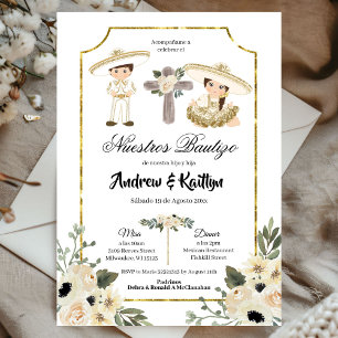 Invitation Bautizo de frère et sœur garçon et fille floral or