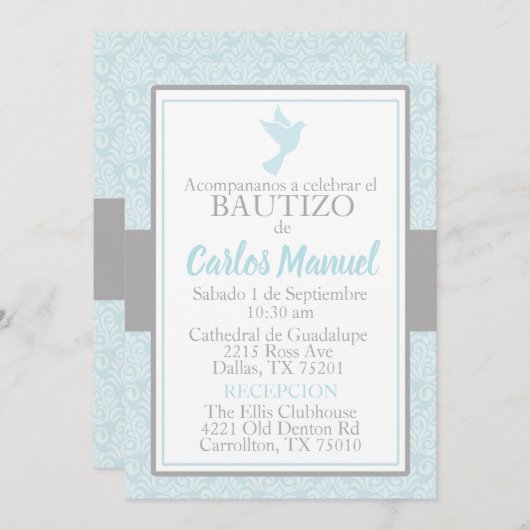 Invitation Bautizo Espagne Baptême Bleu Silver Dove (Devant / Derrière)