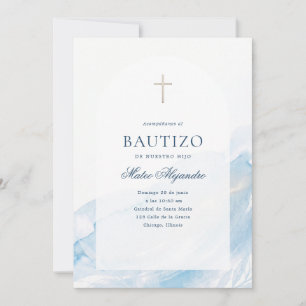 Invitation Bautizo Espagnol Croix Arches Bleu Aquarelle