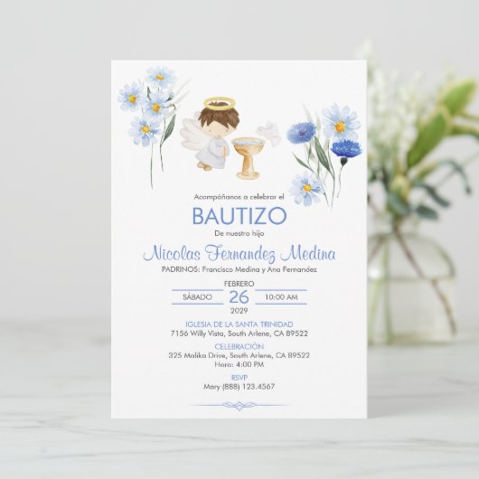 Invitation Bautizo Invitacion Angel garçon mignonne fleurs Ba (Debout devant)