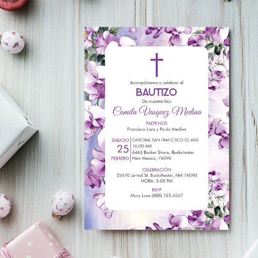Invitation Bautizo Invitación Baptism mignon Fleurs violettes
