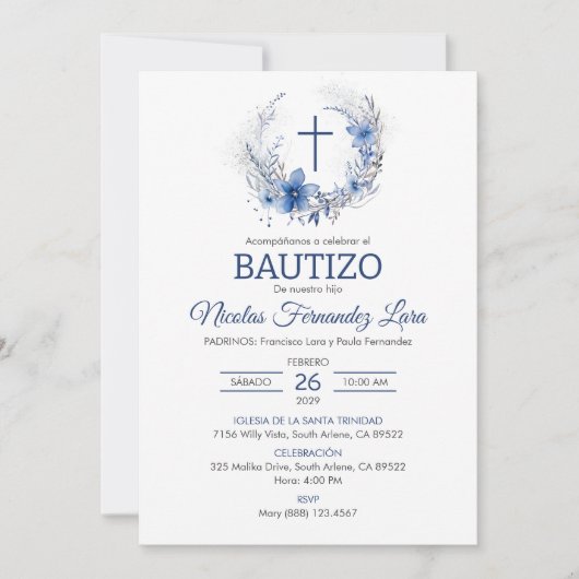 Invitation Bautizo Invitacion Cute Croix Bleu Fleurs Baptême (Devant)