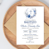 Invitation Bautizo Invitacion Cute Croix Bleu Fleurs Baptême