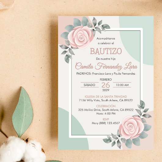 Invitation Bautizo Invitacion Cute Rose Fleurs Baptême