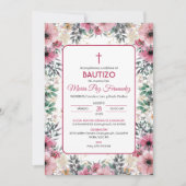 Invitation Bautizo Invitacion en espagnol Baptême rose Fleurs (Devant)