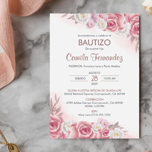 Invitation Bautizo Invitacion en espagnol Baptême rose Fleurs