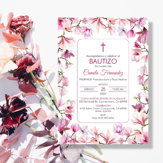 Invitation Bautizo Invitacion en espagnol Baptême rose Fleurs