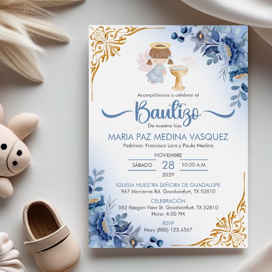 Invitation Bautizo Invitacion Fleurs BLEU Fille Angel Baptême