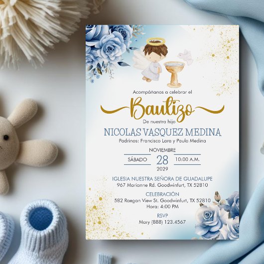 Invitation Bautizo Invitacion Fleurs BLEUES BOY Angel Baptême