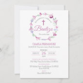 Invitation Bautizo Invitacion mignon Croix Fleurs roses Baptê (Devant)