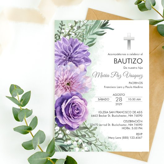 Invitation Bautizo Invitacion Mignon Fleurs Violettes Christe