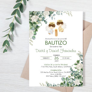 Invitation Bautizo Invitacion Twin boys Feuilles verts Baptêm