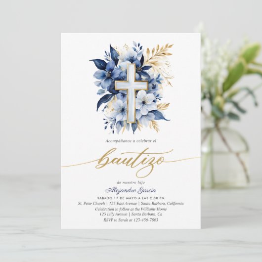 Invitation Bautizo Marine bleu & or Aquarelle espagnol (Debout devant)
