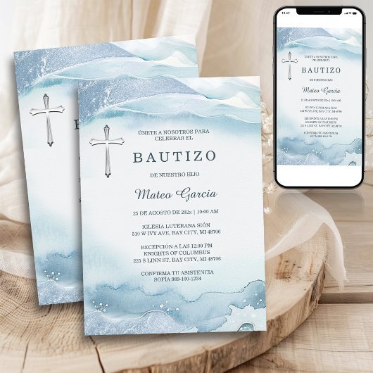 Invitation Bautizo Niño Azul Cruz