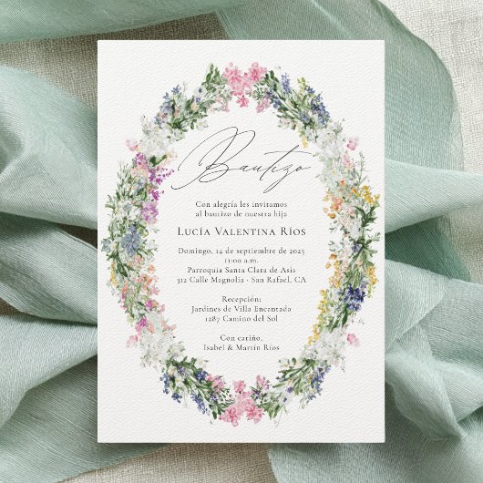 Invitation Bautizo Spanish Baptism Wildflowers Wreath