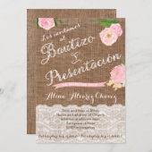 Invitation Bautizo y presentación, niña, arpillera, encaje (Devant / Derrière)