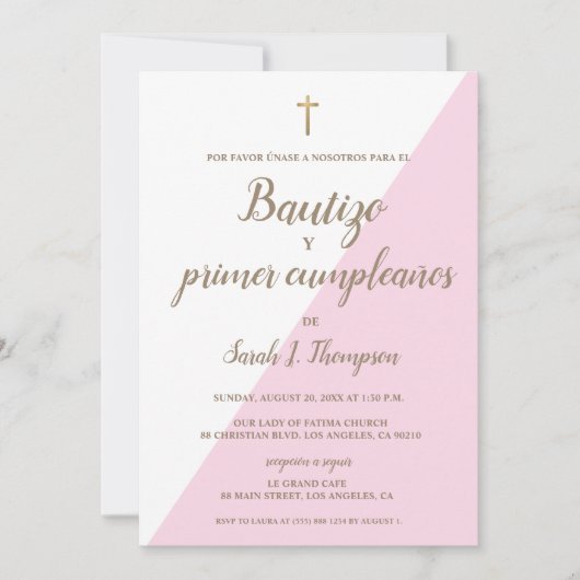 Invitation Bautizo y primer cumpleaños Baptême espagnol rose (Devant)