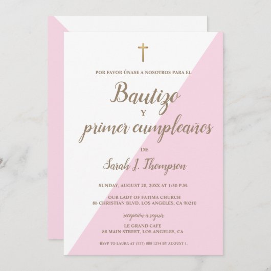 Invitation Bautizo y primer cumpleaños Baptême espagnol rose (Devant / Derrière)