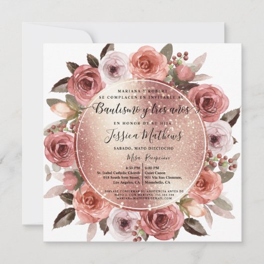 Invitation Bautizo y Tres Años Blush Rose or Parties scintill (Devant)