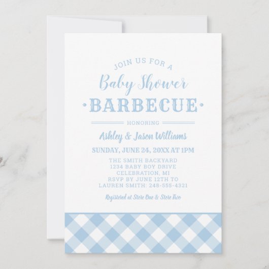 Invitation BBQ baby shower Bleu pâle En vichy Plaid (Devant)