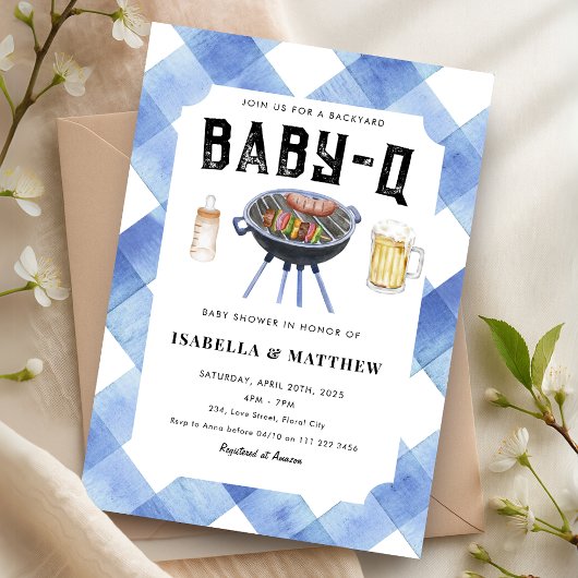 Invitation BBQ Baby Shower Blue Gingham Baby-Q