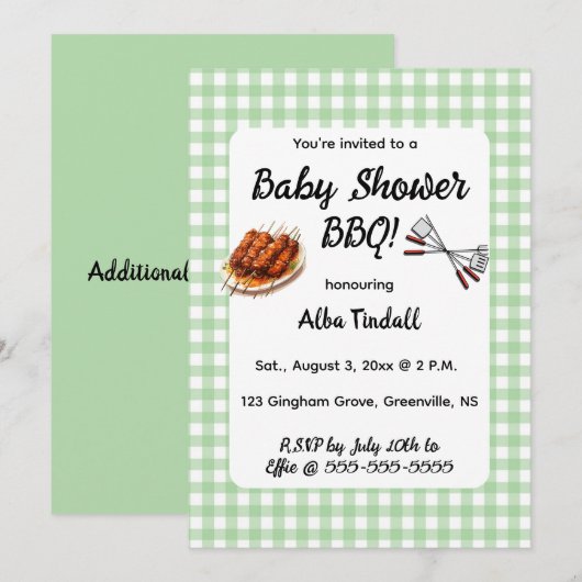 Invitation BBQ Baby Shower Modifiable Gingham Vert (Devant / Derrière)