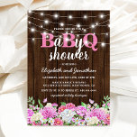 Invitation BBQ Bébé Couples douche | Barbecue Girl BaByQ<br><div class="desc">Invitation baby shower barbecue de campagne avec un arrière - plan rustique en bois,  lampes à cordes de jardin,  élégantes fleurs d'aquarelle de jardin rose et blanc,  et un couple modèle de célébration baby shower qui est facile à personnaliser.</div>