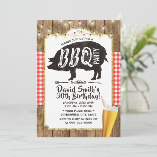Invitation BBQ & Beer Rustic String Lights Anniversaire (Debout devant)