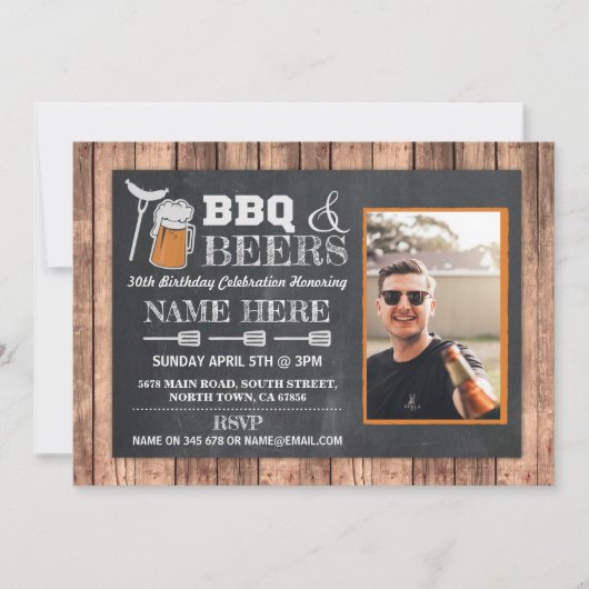 Invitation BBQ & Bières Anniversaire Photo Bois Chalk Invitat (Devant)