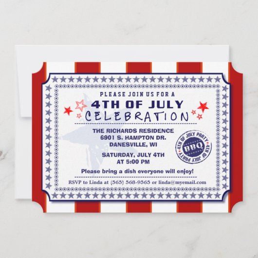 Invitation BBQ blanc et bleu 4 juillet (Devant)