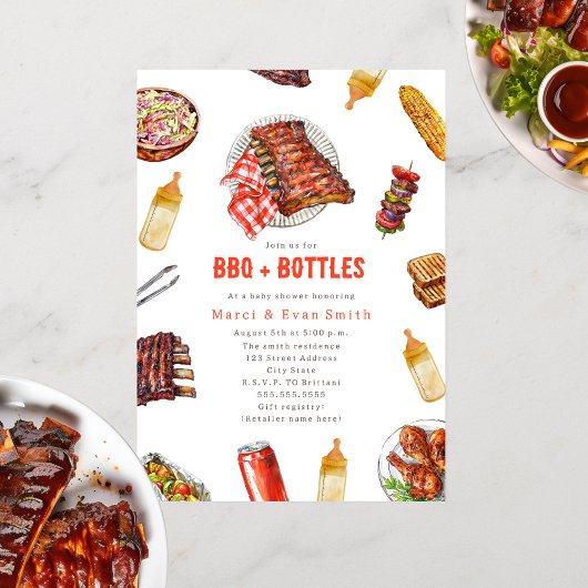 Invitation BBQ + Bouteilles Cuisine Baby shower neutre