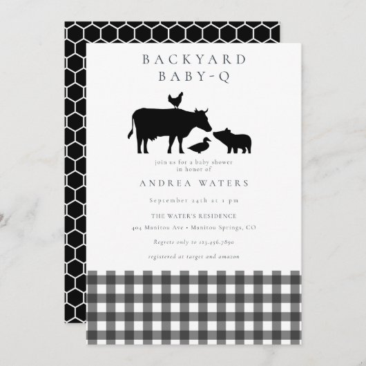 Invitation BBQ | En vichy noir | Baby shower rustique (Devant / Derrière)