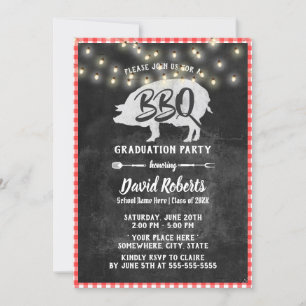 Invitation BBQ Graduation Party Vintage Red Plaid Chalkboard