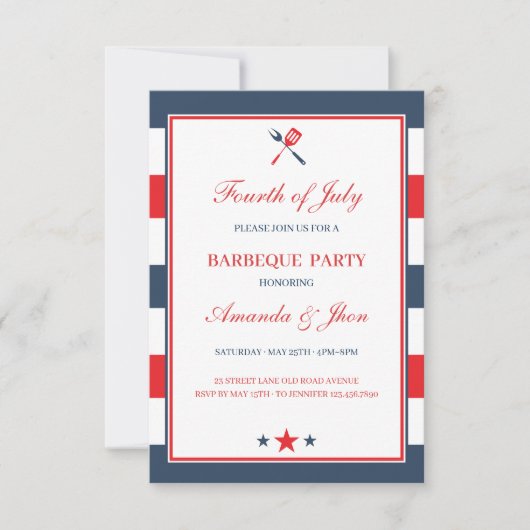 Invitation BBQ Patriotique Rouge Blanc Bleu 4 juillet (Devant)