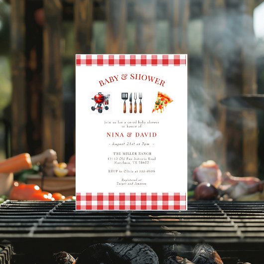 Invitation BBQ Pizza genre baby shower naturel