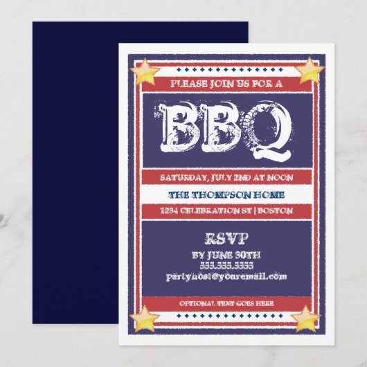 Invitation BBQ rouge, blanc et bleu (Devant / Derrière)