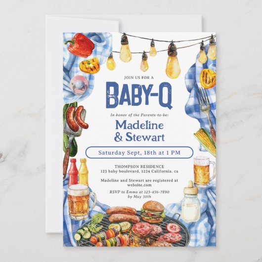 Invitation BBQ Rustique Été Bleu Plaid Bébé-Q Douche (Devant)