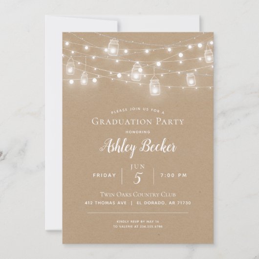 Invitation BBQ Rustique String Lights Graduation Party (Devant)