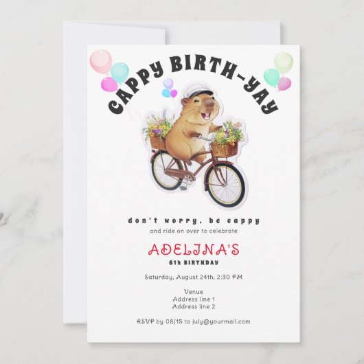 Invitation Be Cappy Capybara Bicyclette Enfants mignonette fê (Devant)