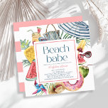 Invitation Beach Babe Tropical Umbrella Donut Baby Shower<br><div class="desc">This cute "beach babe" baby shower invitation features a white background with a beach umbrella, flip flops, tropical mason-jar drink/cocktail, popsicle, watermelon, donut, pineapple, straw hat, fresh coconut drink, pinwheel and sunglasses. The reverse side features a white background with pink stripes. Personalize it for your needs. You can find more...</div>