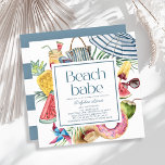 Invitation Beach Babe Tropical Umbrella Donut Boy Baby Shower<br><div class="desc">This cute "beach babe" boy's baby shower invitation features a white background with a beach umbrella, flip flops, tropical mason-jar drink/cocktail, popsicle, watermelon, donut, pineapple, straw hat, fresh coconut drink, pinwheel and sunglasses. The reverse side features a white background with pink stripes. Personalize it for your needs. You can find...</div>