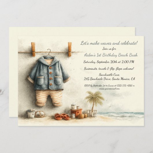 Invitation Beach Baby Bash - 1ère fête d'anniversaire (Devant / Derrière)