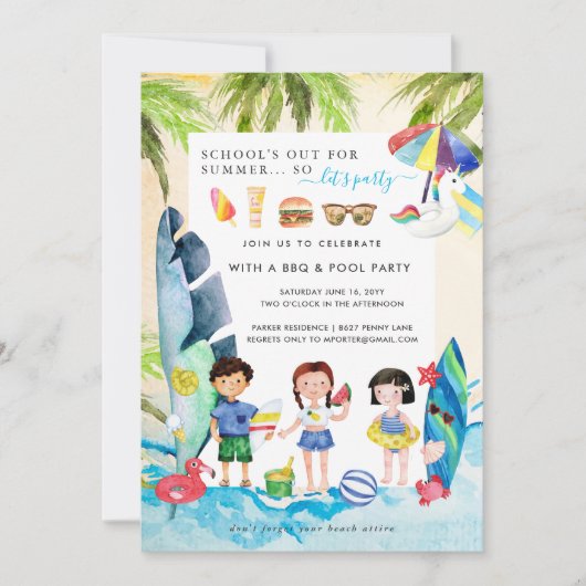Invitation Beach Bash | Fête de fin d'année scolaire d'été (Devant)