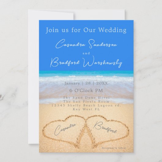 Invitation Beach Blue 2 Coeurs dans le Mariage de sable (Devant)