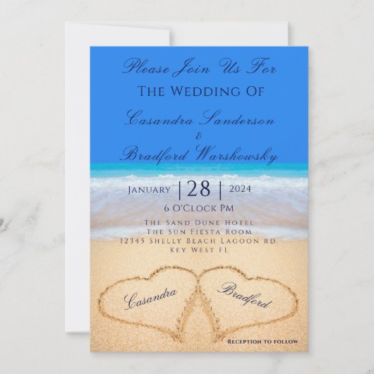 Invitation Beach Blue 2 Coeurs dans le Mariage de sable (Devant)