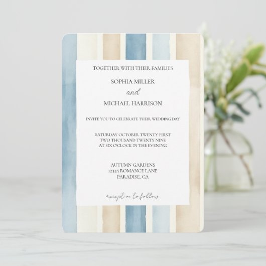 Invitation Beach Blue Ivory Cream Sand Stripes Wedding (Debout devant)