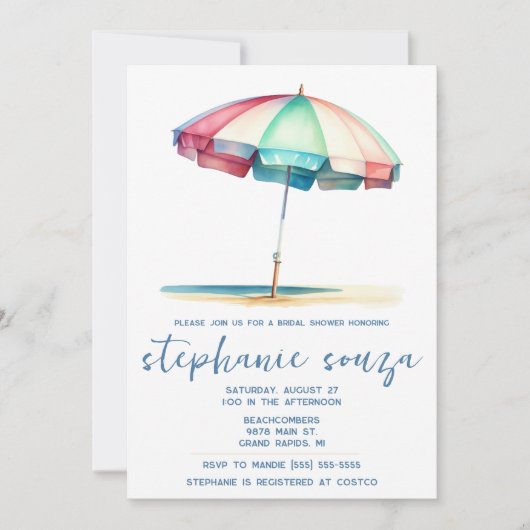 Invitation Beach, Blue, Red, Teal Umbrella, Bridal Shower (Devant)
