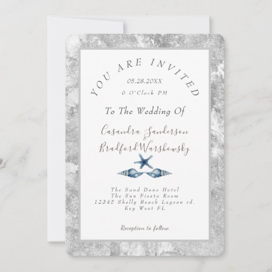 Invitation Beach Blue Seashell Silver Grey Mariage élégant (Devant)